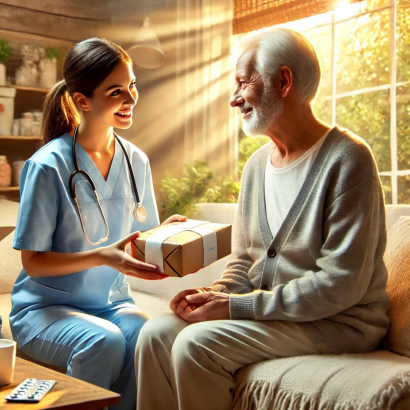 A nurse delivers medicine to an elderly man, showcasing the nurturing relationship between healthcare providers and patients.