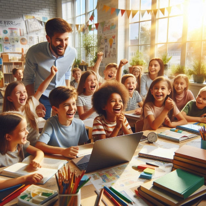 A teacher guides a group of children and adults in a classroom, showcasing the impact of educational scholarships for children.