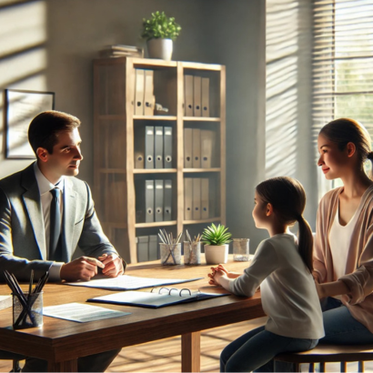 A family consulting with an immigration lawyer at a table, featuring a man and woman engaged in discussion.