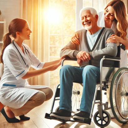 A woman provides support to an elderly man in a wheelchair, emphasizing the value of helping those in need.